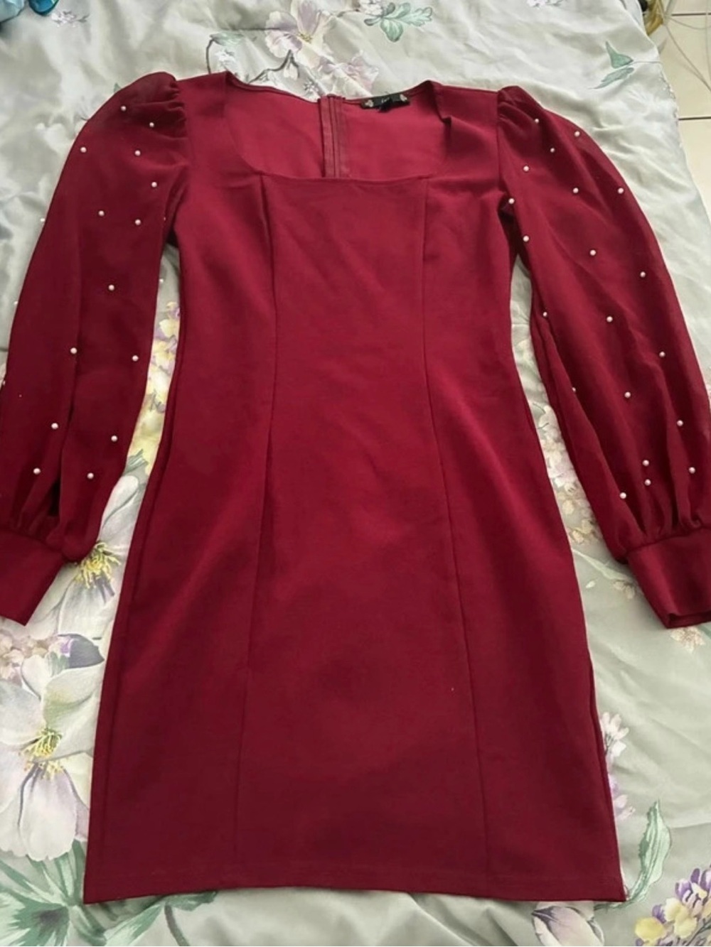 iris Burgundy Pearl-Accent Square Neck Mini Dress